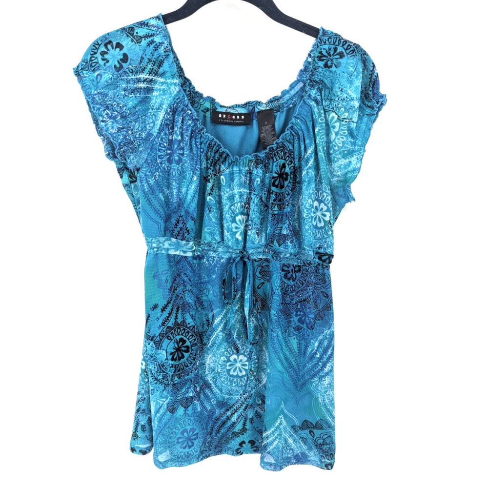 Axcess Top Womens Medium Blue Y2K 90s Babydoll‎ Sheer Short Sleeve Blouse Shirt
